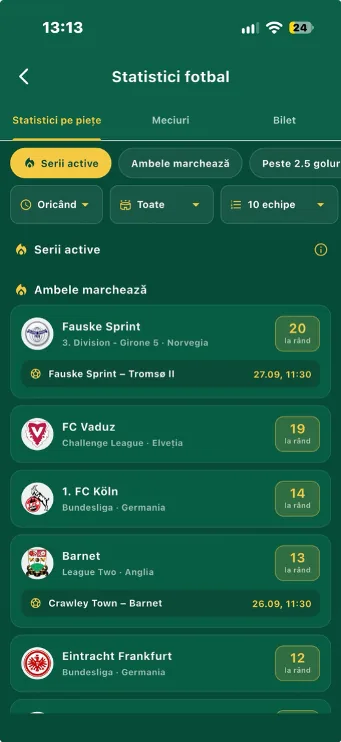 Clasamentul seriilor active din secțiunea Statistici fotbal a aplicației Cota2